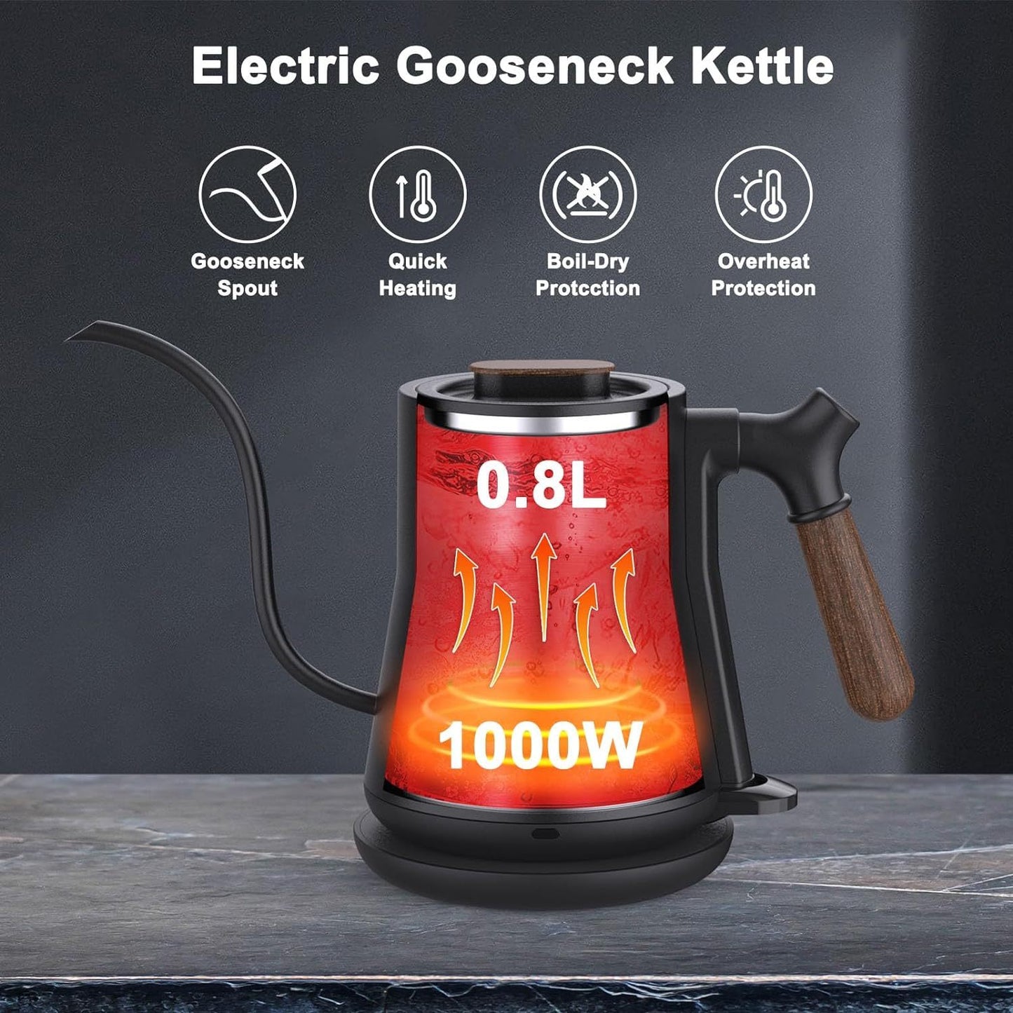 Bouilloire électrique à col de cygne, bouilloire à café verseuse, bouilloire à thé à eau chaude, intérieur en acier inoxydable avec conception anti-fuite, appareil de cuisine