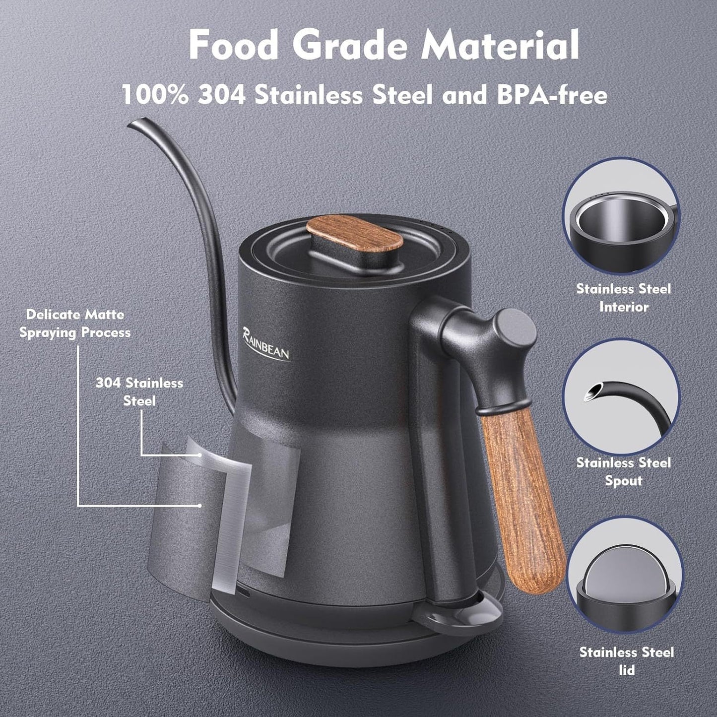Bouilloire électrique à col de cygne, bouilloire à café verseuse, bouilloire à thé à eau chaude, intérieur en acier inoxydable avec conception anti-fuite, appareil de cuisine
