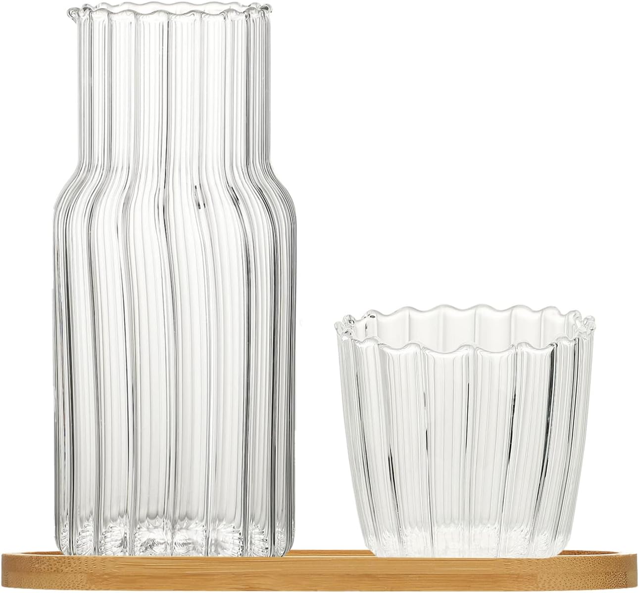 BFYDOAA Bedside Water Carafe and Glass Cup, 20oz Nightstand Carafe with Tumbler and Wooden Pallet for Guest Bedroom, Bathroom, Living Room