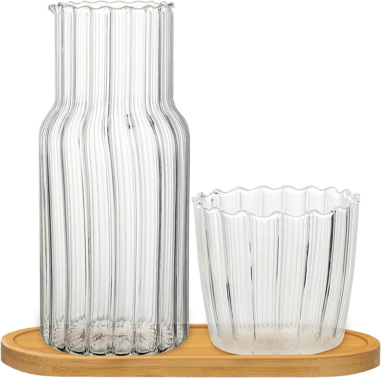 BFYDOAA Bedside Water Carafe and Glass Cup, 20oz Nightstand Carafe with Tumbler and Wooden Pallet for Guest Bedroom, Bathroom, Living Room