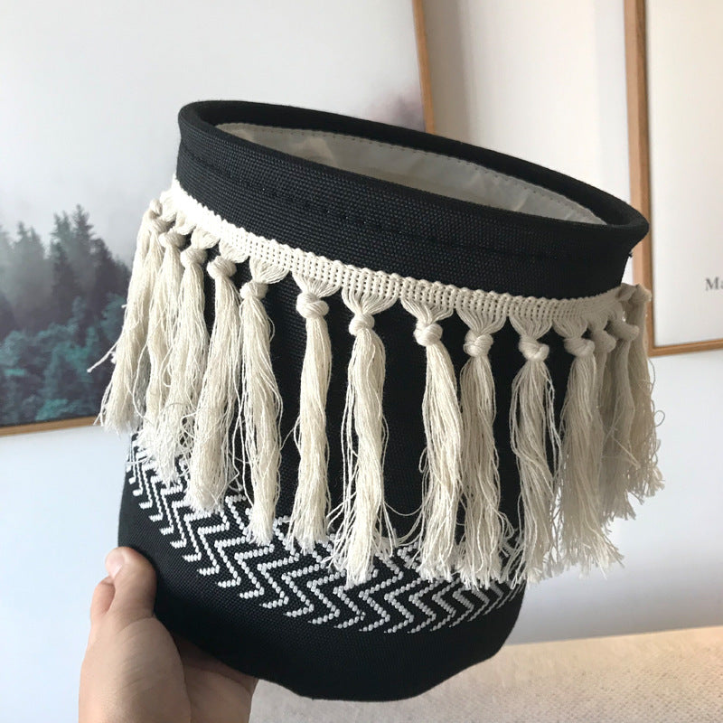 Cesta de lona estilo boho con borlas para almacenamiento, decoración y organización