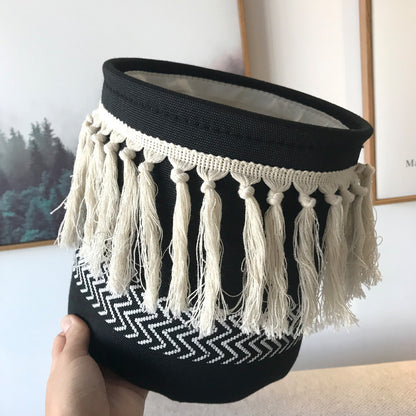 Cesta de lona estilo boho con borlas para almacenamiento, decoración y organización