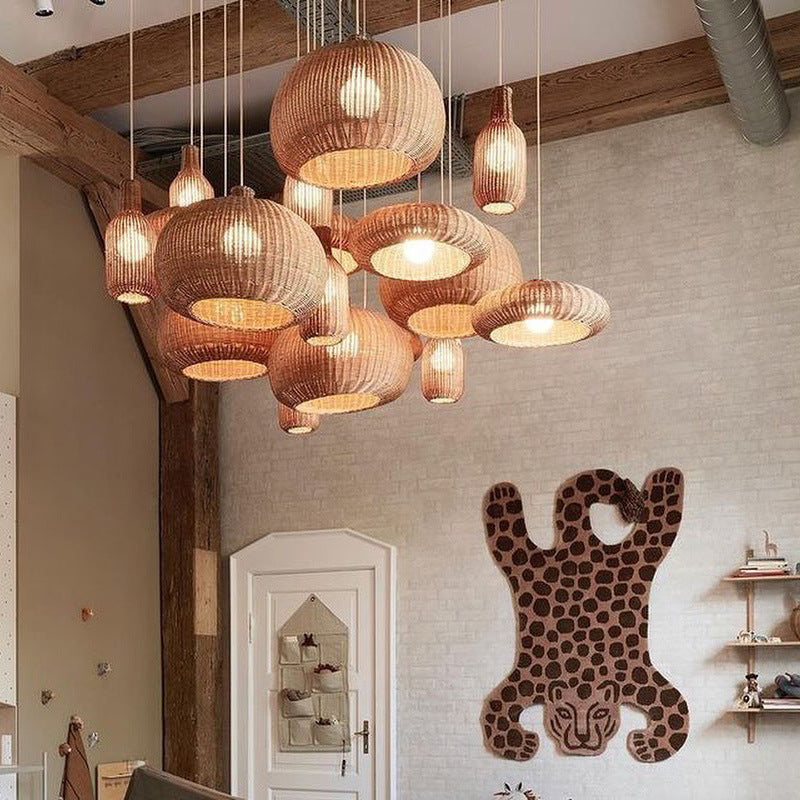 Lámpara de araña de ratán estilo boho de granja para sala de estar de estilo pastoral