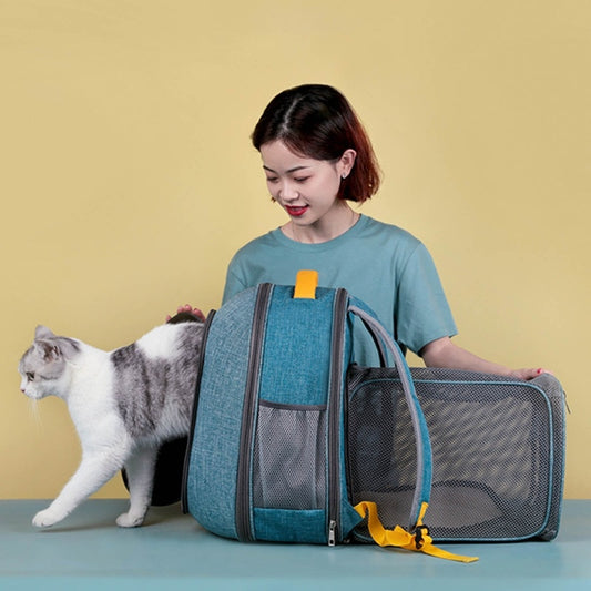 Mochila plegable transparente con ventana de malla para mascotas y correa de seguridad interior