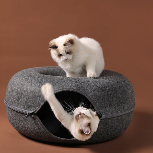 Nido para gatos disponible en las cuatro estaciones, redondo, de fieltro de lana, para mascotas, de doble uso, túnel, juguete de entrenamiento interactivo, nido para gatos de fieltro gris