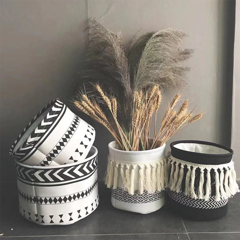Cesta de lona estilo boho con borlas para almacenamiento, decoración y organización