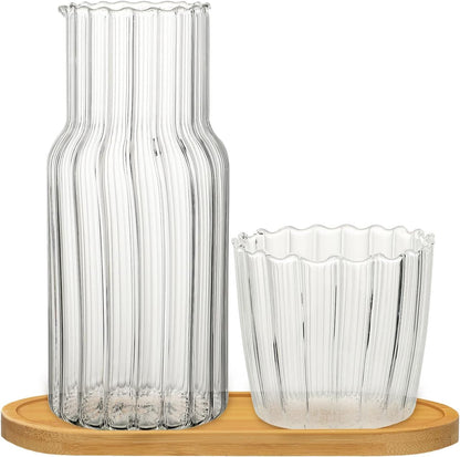 BFYDOAA Bedside Water Carafe and Glass Cup, 20oz Nightstand Carafe with Tumbler and Wooden Pallet for Guest Bedroom, Bathroom, Living Room