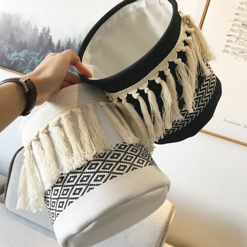 Cesta de lona estilo boho con borlas para almacenamiento, decoración y organización