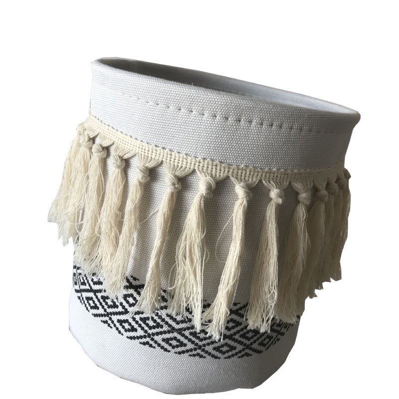 Cesta de lona estilo boho con borlas para almacenamiento, decoración y organización