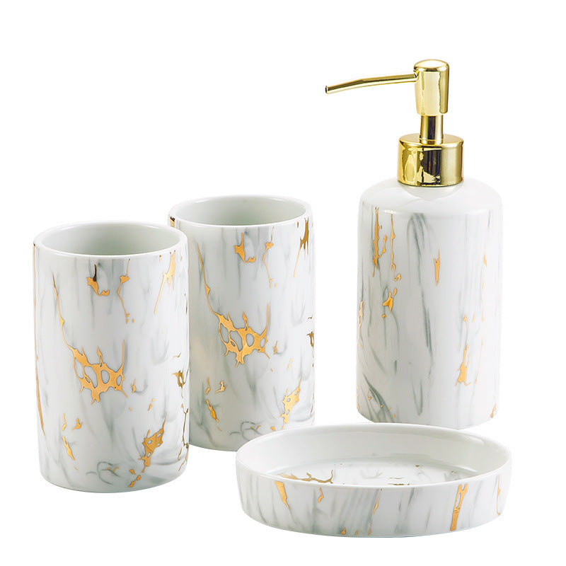 Kit de baño de cerámica con acabado en mármol blanco y dorado