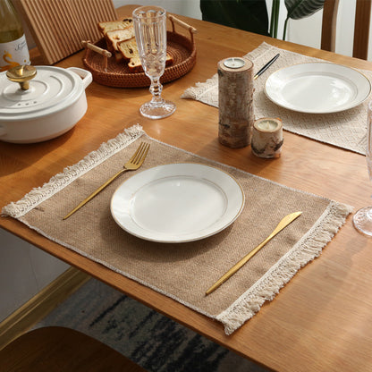 Mantel individual de yute con borlas estilo boho con foto de comida