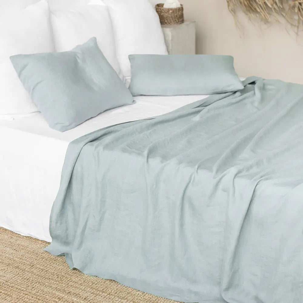 Ins Style Minimalist Organic Pure Linen Bed Sheet Bedroom Light Blue / 240X245Cm