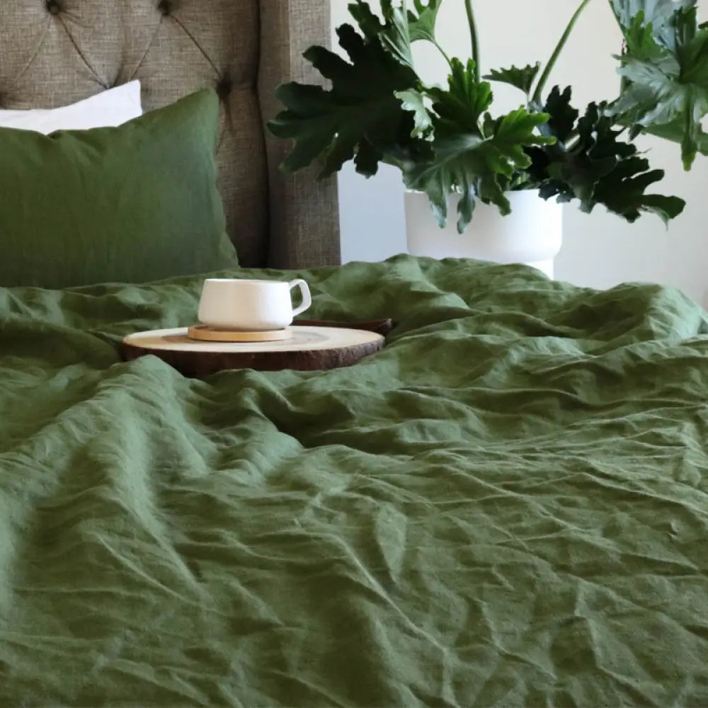 Ins Style Minimalist Organic Pure Linen Bed Sheet Bedroom Moss Green / 240X245Cm